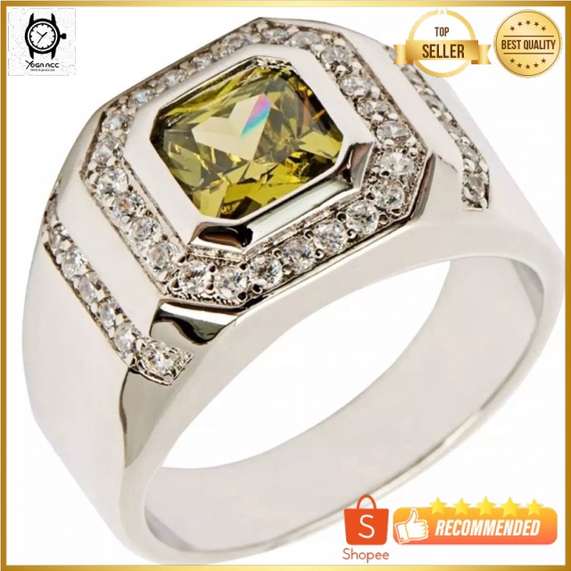 Cincin Pria Perak Peridot Cutting Mewah Berkelas Elegan