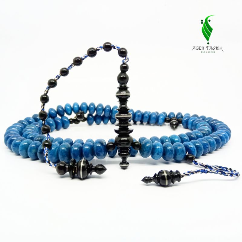 Tasbih Batu Coral Marjan Biru Motif Pipih Super Kombinasi Akar Bahar Laut Alami ORIGINAL!!