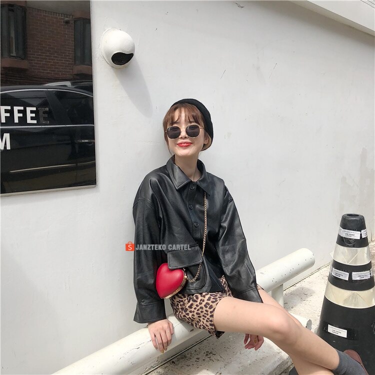 JNK x LADY - Jaket Wanita Casual Faux Synthetic Leather Women Jacket Premium Original Bahan Semi Kulit Sintetis Viena Kasual Classic Branded Elegan Cewek Perempuan Ladies Outfit Hijab New Spring Autumn Fashion Single Breasted Short Pendek Coat Turn Down