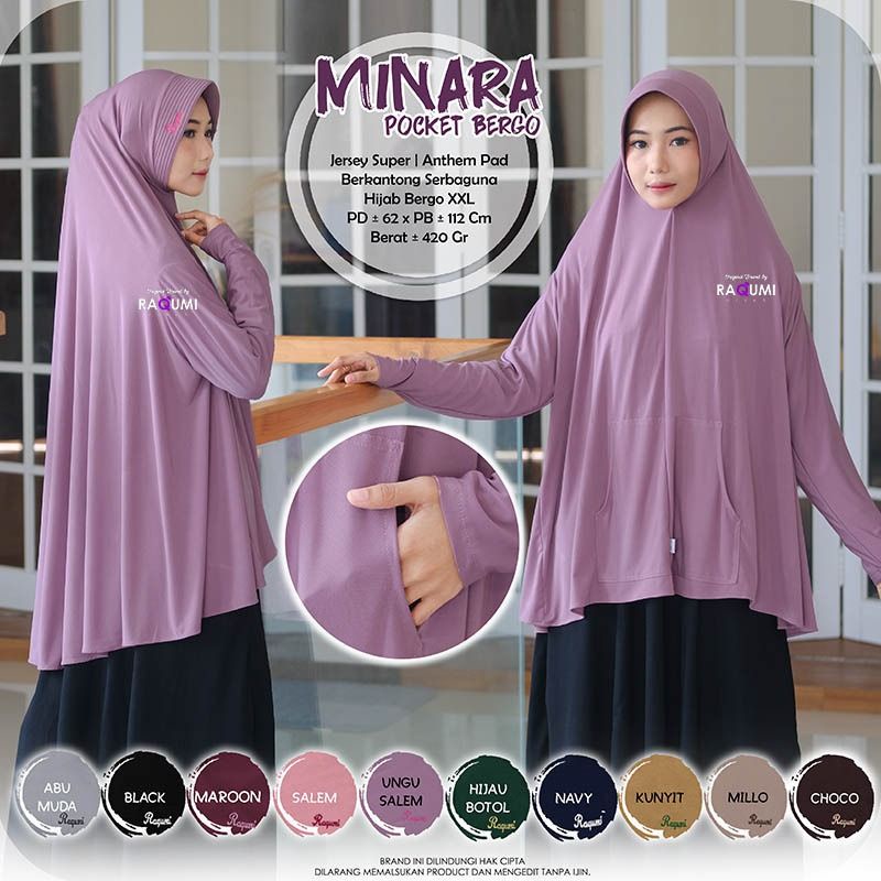 MINARA POCKET BERGO ORIGINAL RAQUMI HIJAB | JILBAB LENGAN RAQUMI | JILBAB XXL | JILBAB JERSEY XXL