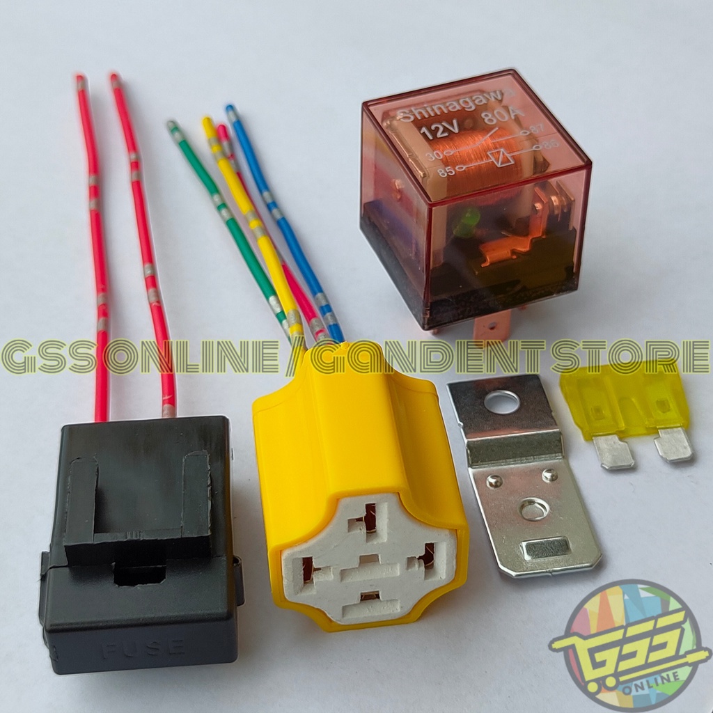 Paket lengkap Relay CR7 SHINAGAWA original 12v 30a 80a kaki 4 socket relay KERAMIK kaki 4 dan rumah sekring kabel kecil