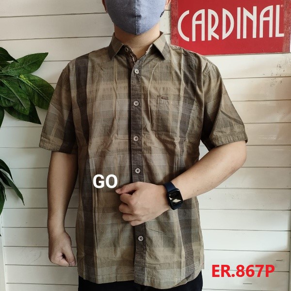 gof CRQ JUMBO CARDINAL KEMEJA REGULAR Lengan Pendek Pria Hem Casual Jeans Santai Motif Original