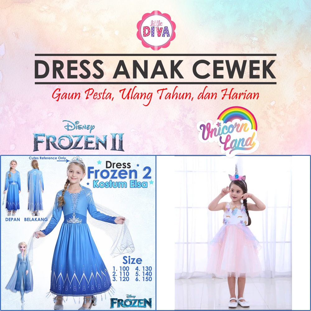 DRESS Anak Perempuan Import FROZEN 2 &amp; Unicorn - Kostum Elsa Size 100 s/d 150 - Kostum Princess / Gaun Elsa Frozen 2