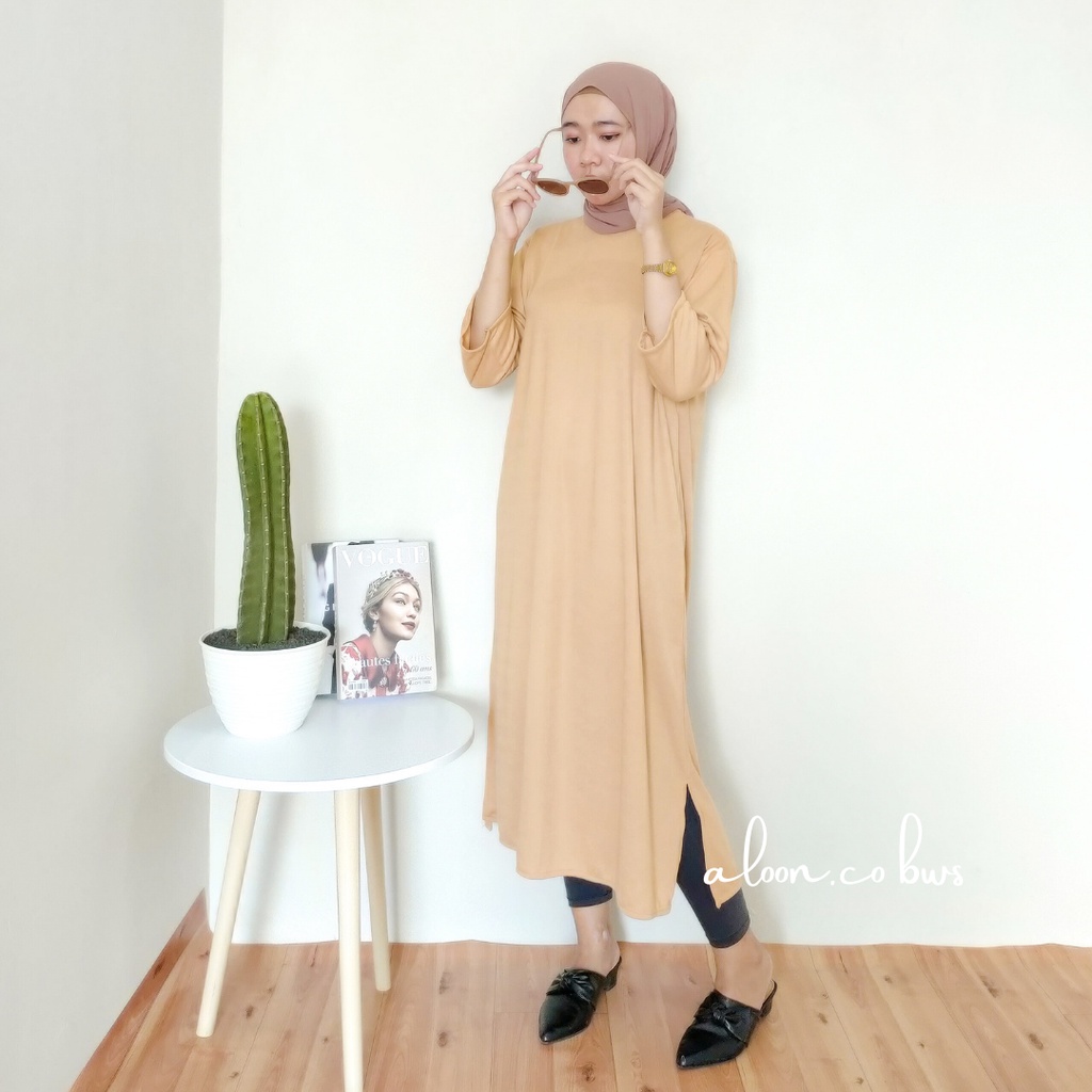 Midi Basic Oversize Tunik Polos Midi Dress Jumbo Bahan Katun - Midi Dress Korea Kaos Tunik
