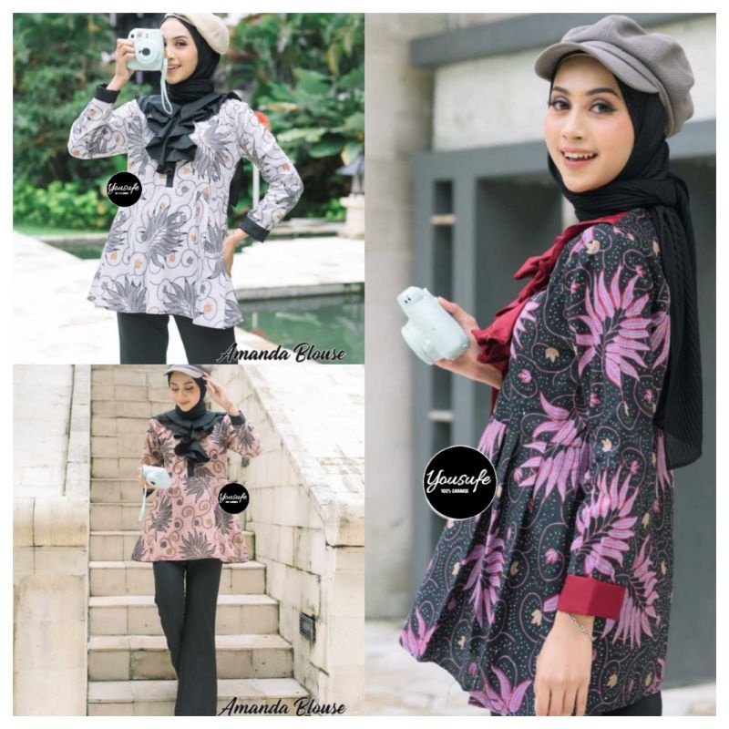 Amanda Blouse Katun Halus Modern Motif Muslimah Yousufe Seragam Kerja Kantor Pernikahan