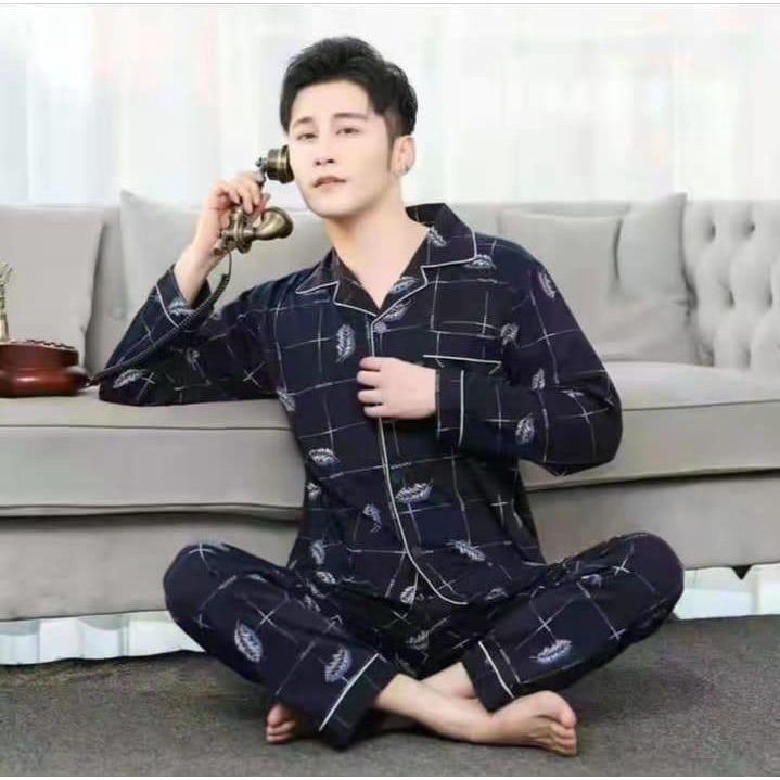 BAJU TIDUR PIYAMA COWOK KATUN IMPORT BERKUALITAS MOTIF KRA KANCING LIMA LENGAN PANJANG SETELAN CELANA PANJANG ABU ABU MUDA TERBARU BAPAK BAPAK SIZE L-XXXL FIT TO 85KG