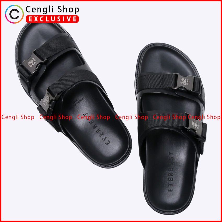 SANDAL KULIT EVERBEST PRIA ORIGINAL SLIDE CASUAL BRANDED HITAM EM04