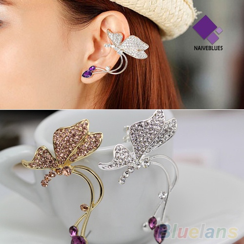 1pc Anting Stud Bentuk Kupu-Kupu Aksen Kristal Untuk Telinga Kiri Wanita