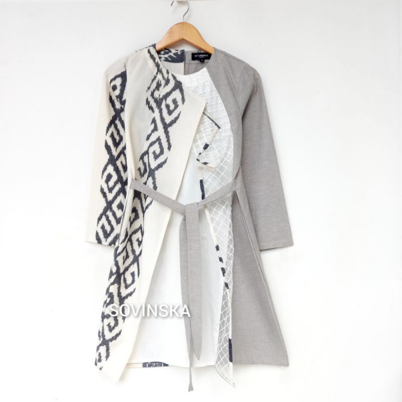 Dress tenun WTP 22 abu v2 Batik Kombinasi Baju kondangan Tunik batik MIDI lengan panjang baju wanita
