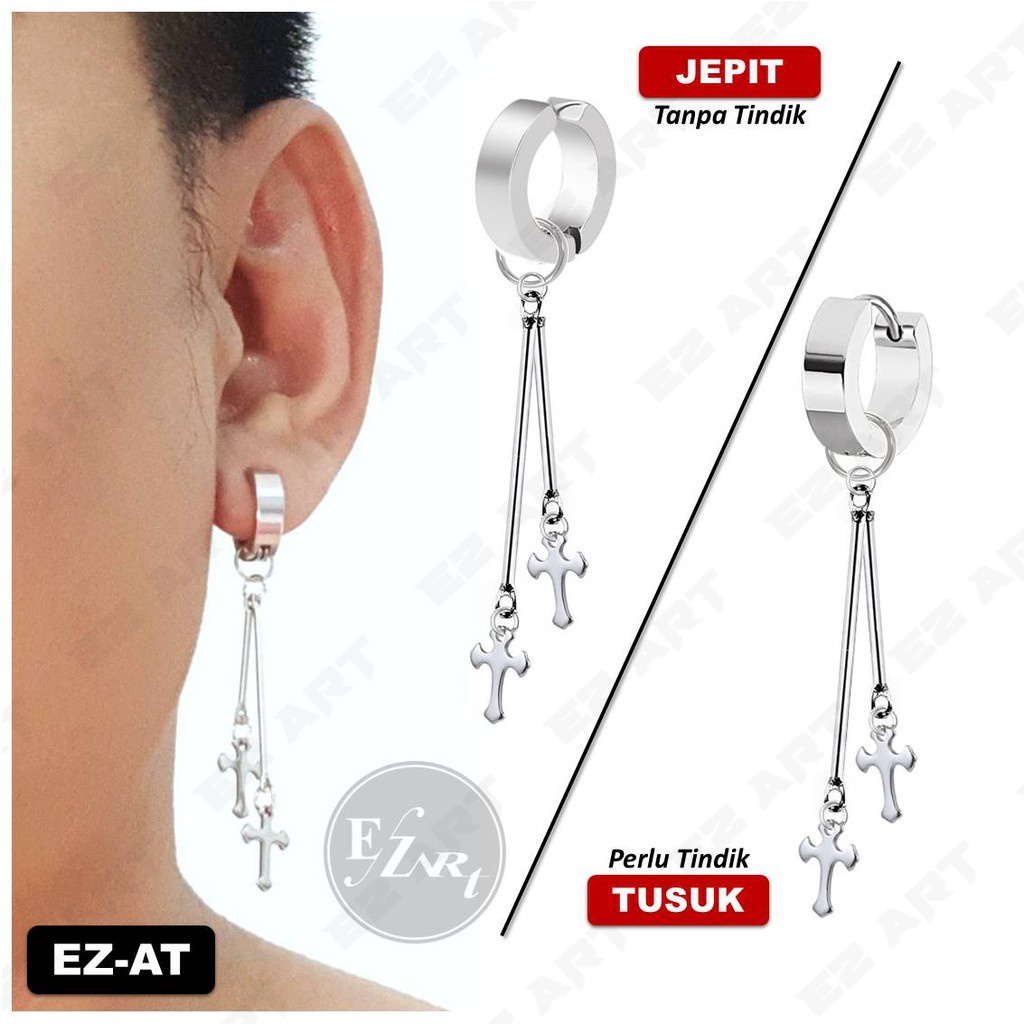 PER BUAH ANTING SALIB PANJANG DOBEL GANDA UNTUK PRIA WANITA JEPIT TUSUK BISA TANPA LOBANG TINDIK