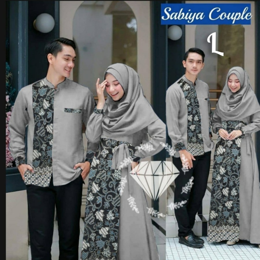 V875 Couple Combi Batik Dress Wanita + Koko Pria Lengan Panjang Bahan Moscrepe Katun Ukuran All Size