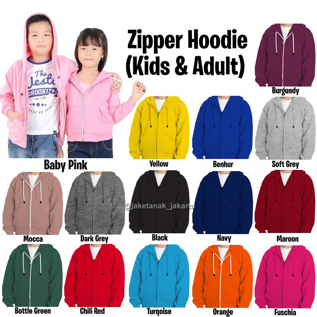 JAKET ZIPPER HOODIE ANAK POLOS / CUSTOM NAMA Couple Set Seragam Keluarga Warna Merah Hitam Biru Abu 