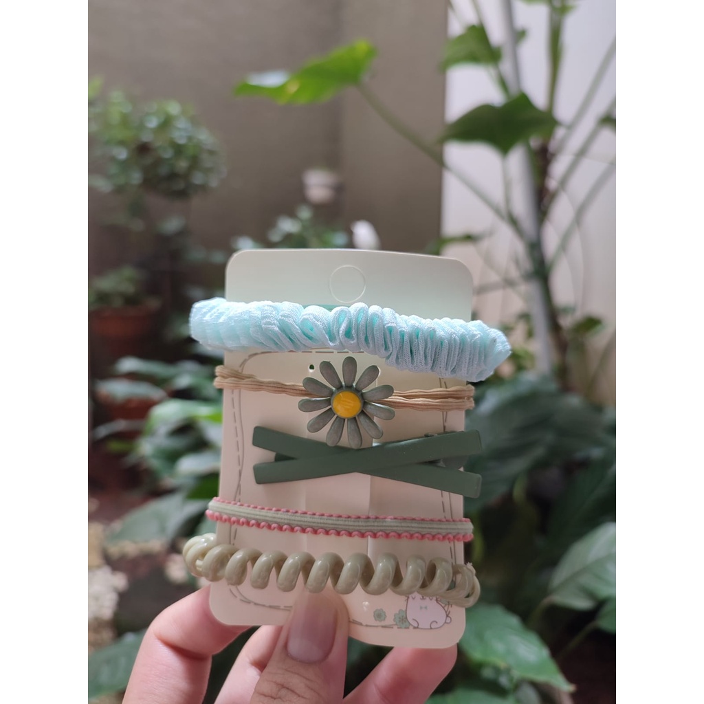 Ikat Rambut Korea Towel Ring Set ( isi 50pcs)-SET(5p)-HIJAU PASTEL