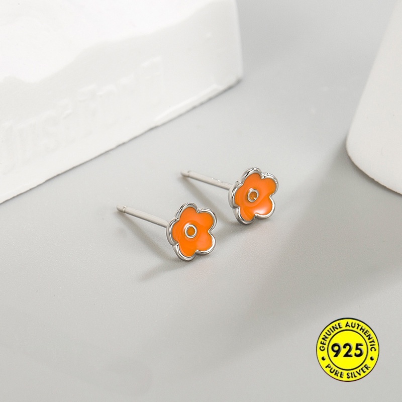 Anting Stud Sterling Silver Bentuk Bunga Kecil Warna Kontras Untuk Wanita