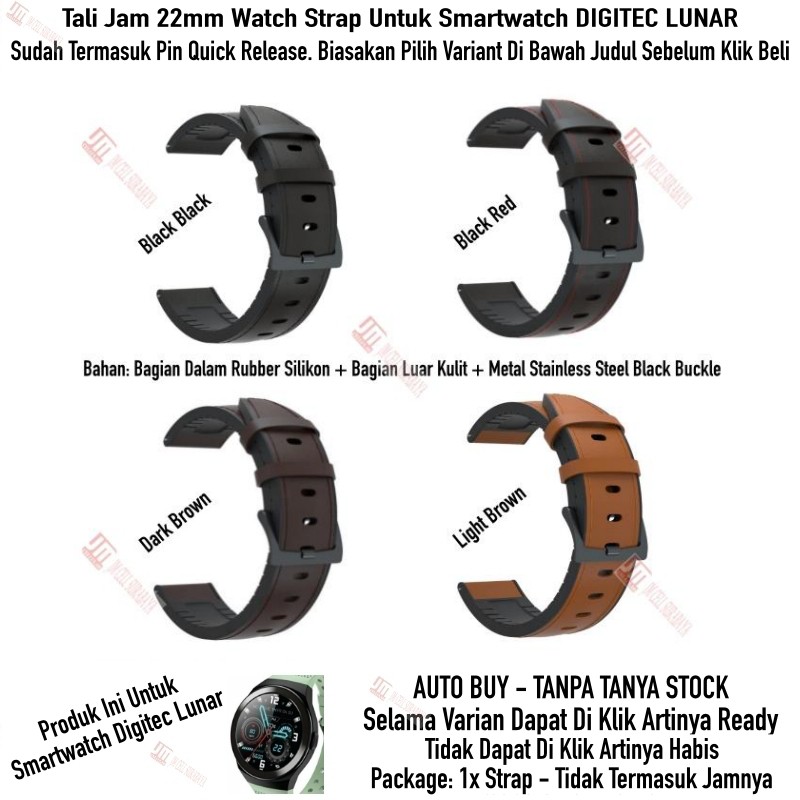 Tali Jam 22mm Watch Strap Smartwatch Digitec Lunar - Hybrid Rubber Kulit Black Buckle