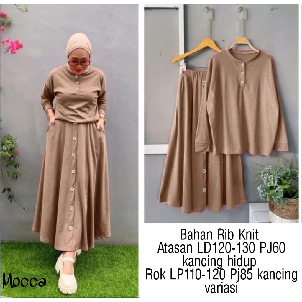 SET ROK, BUTTON, HARUKA, RIB KNIT, GAMIS HIJAB MUSLIM, SETELAN, 3 UKURAN