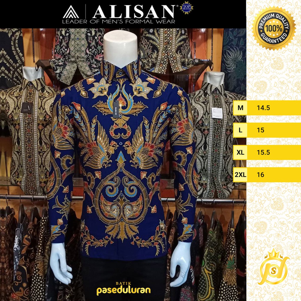 Kemeja Alisan Batik SlimFit Premium Katun  Motif Gunungan Merak Warna Navy Emas Lengan Panjang