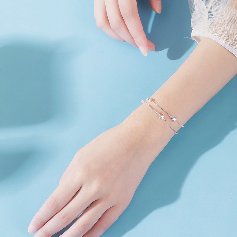 925 Perak Baru Double-Lapisan Bintang Gelang Wanita In Desain Sederhana Gelang Hadiah Ulang Tahun Perhiasan Aksesoris