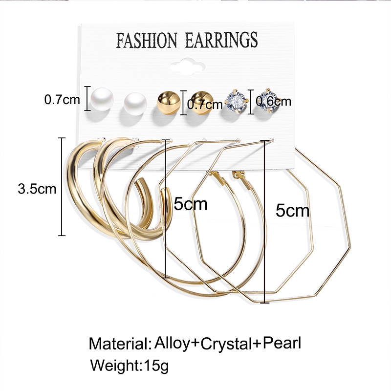 6 Pairs / Set Alloy Tassel Earring Suit Circle Sequin Pearl Acrylic Zircon Stud Earring Accessories