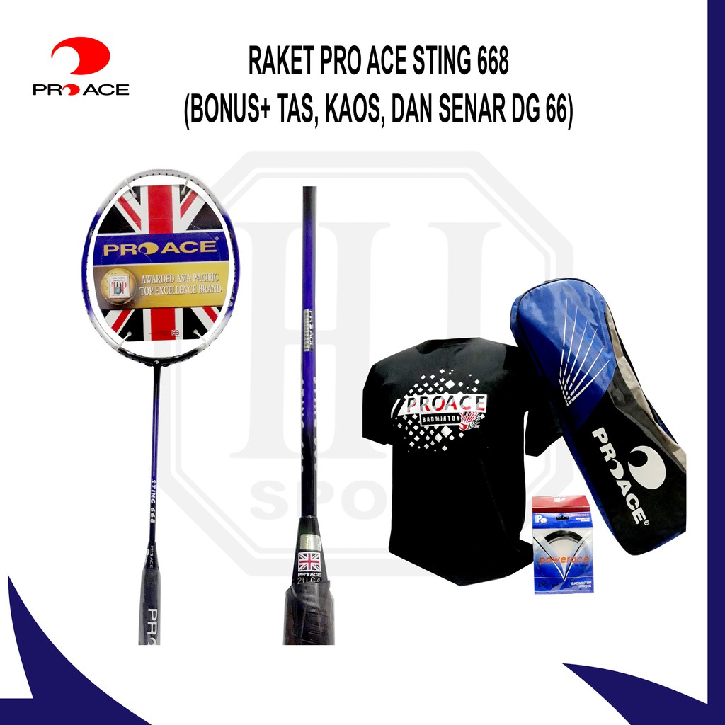 Raket Badminton Original Pro Ace Sting 668 Bonus Komplit