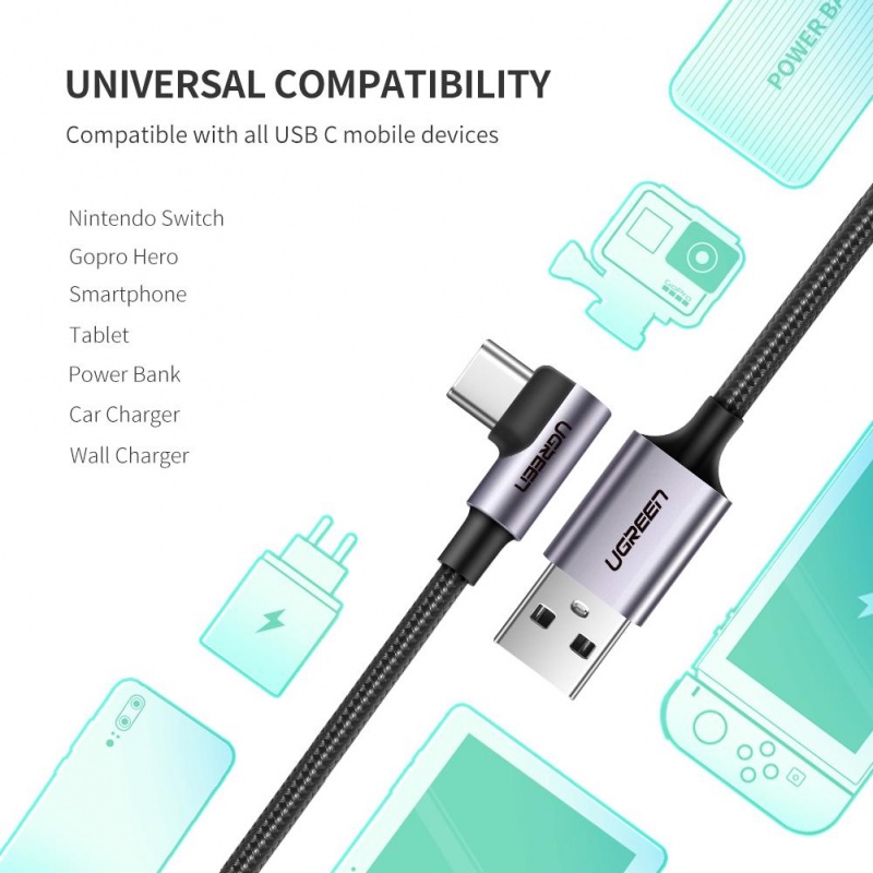 Ugreen Kabel Data / Charger USB Tipe C 90 Derajat Fast Charging Bahan Nilon Untuk Handphone