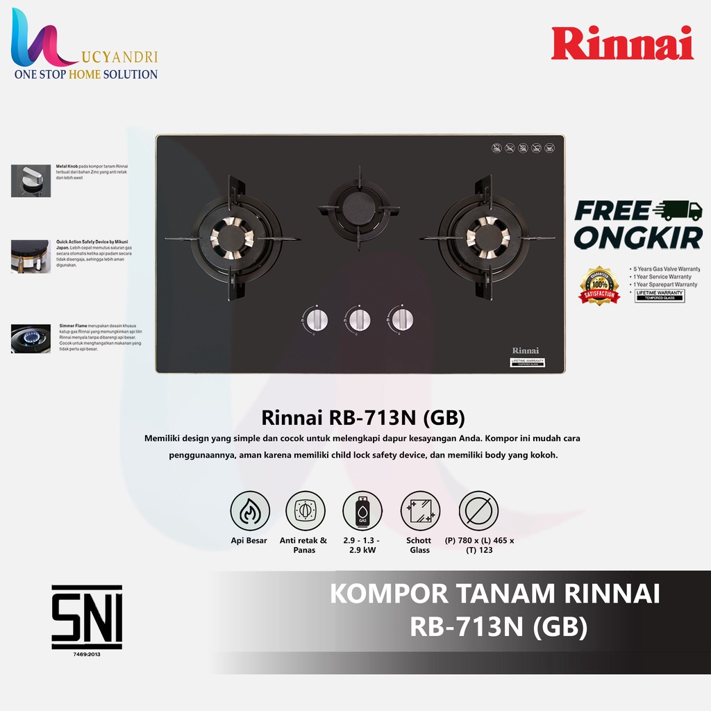 Kompor Tanam RINNAI RB-713N(GB) /RB 713NGB /RB 713 NGB FREE ONGKIR