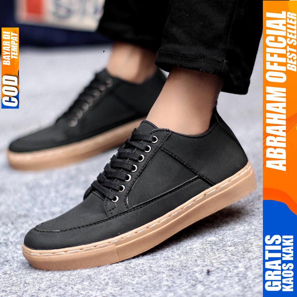 Sepatu Casual Pria Sneakers Hitam Kasual Kulit Pu Kerja Kuliah Kantor Kondangan Pesta Fashion Shoes Terbaru Sneker Original ICON ABRAHAM