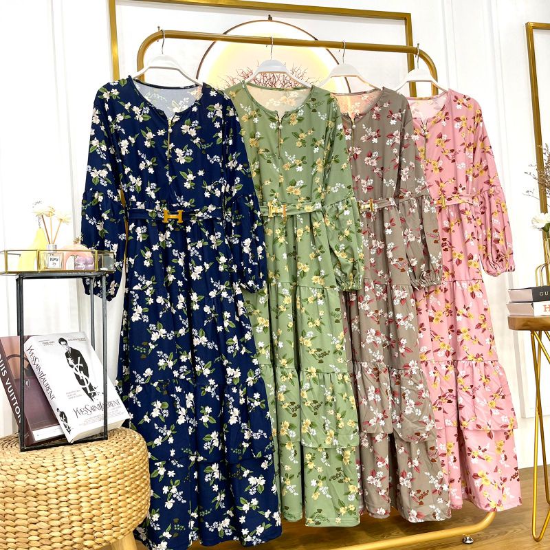 Gamis busui rempel tumpuk 2 susun motif bunga bahan voxy  + sabuk H bahan voxy merk cocobee (807)