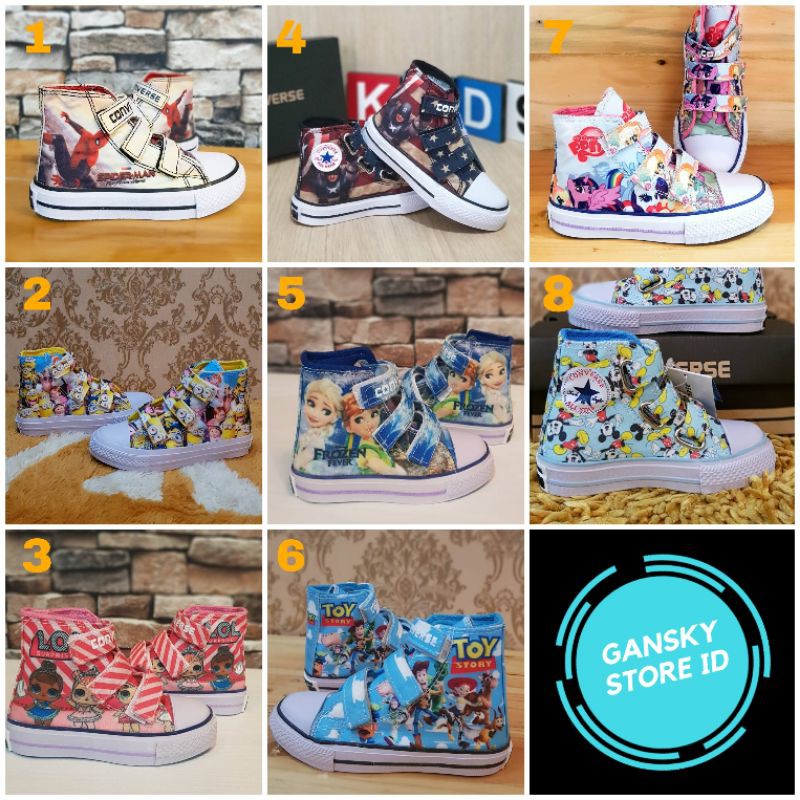 SEPATU ANAK CONVERSE KARAKTER PREMIUM HIGH QUALITY SNEAKERS ANAK CONVERSE FROZEN PONY SPIDERMAN LOL