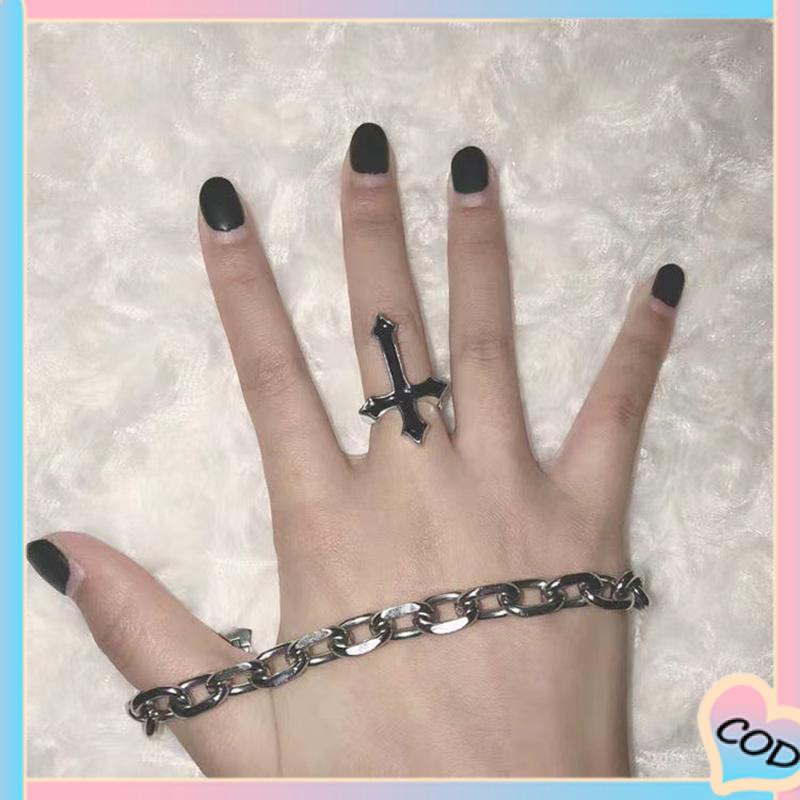 COD❤️ Retro Fashion Cross Cincin Pria Wanita Minyak Menetes Punk Jari Telunjuk Tren Cincin Hitam-A.one