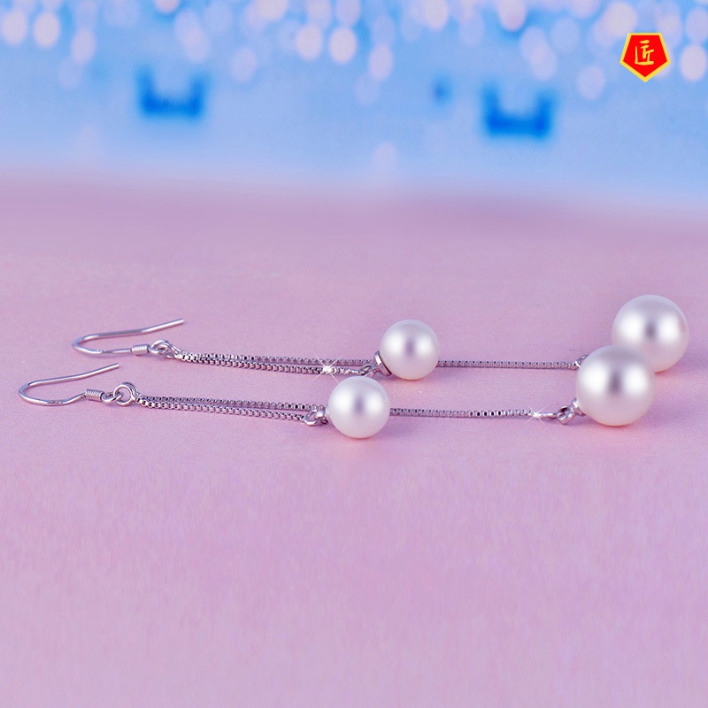 [Ready Stock]Silver Elegant Pearl Earrings Women's Long Simple All-Match