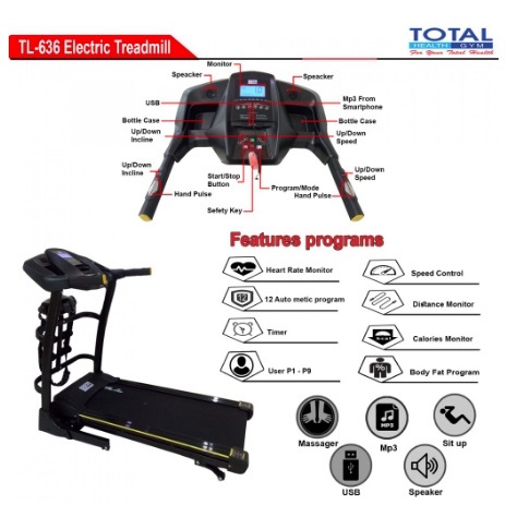 TL 636 TREADMILL LISTRIK AUTO INCLINE TOTAL FITNESS ORIGINAL RSM