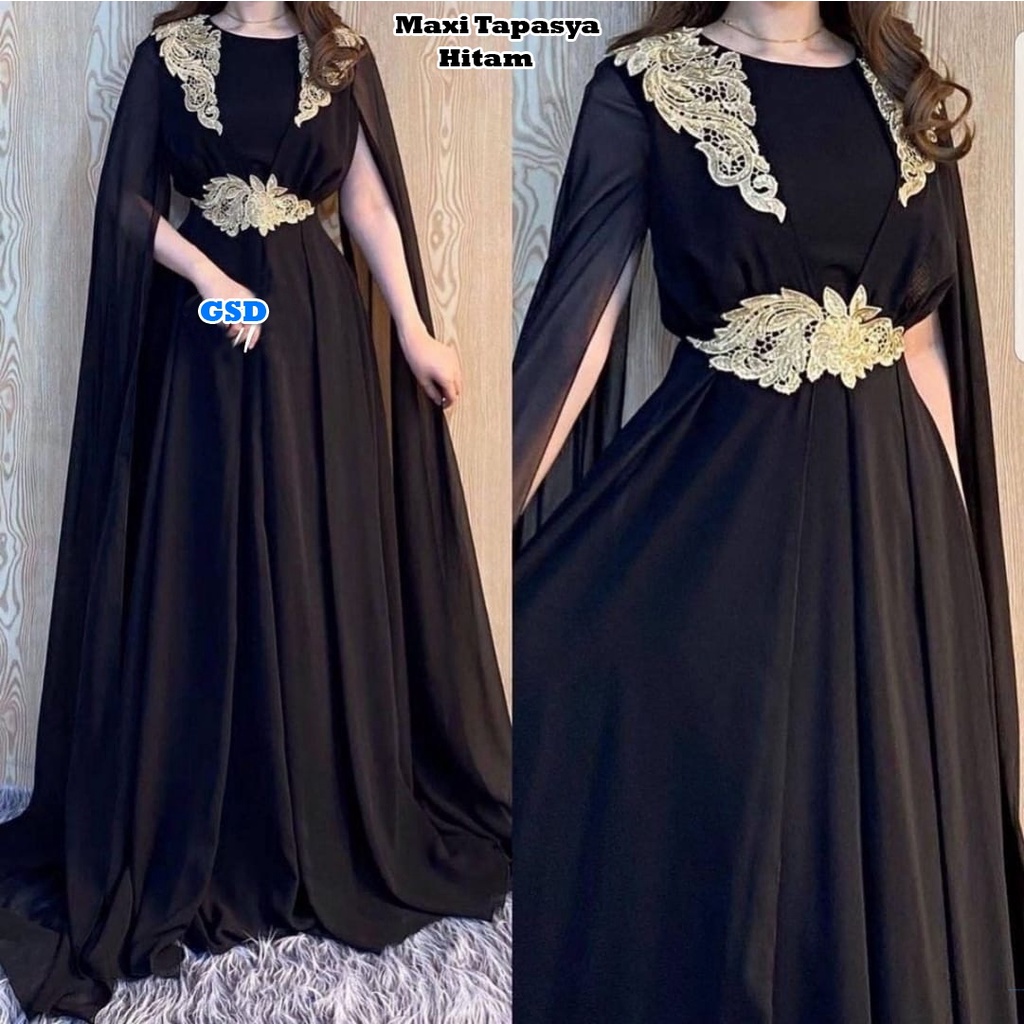 Maxi Tapasya/Baju Gamis Pesta Bordir Wanita  Longdress Muslimah Lengan Model Selendang  Bahan Moscrepe Size L