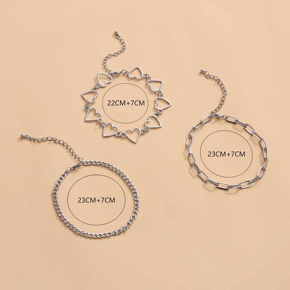 3pcs / Set Gelang Kaki Rantai Desain Hati Hollow Warna Silver Untuk Wanita