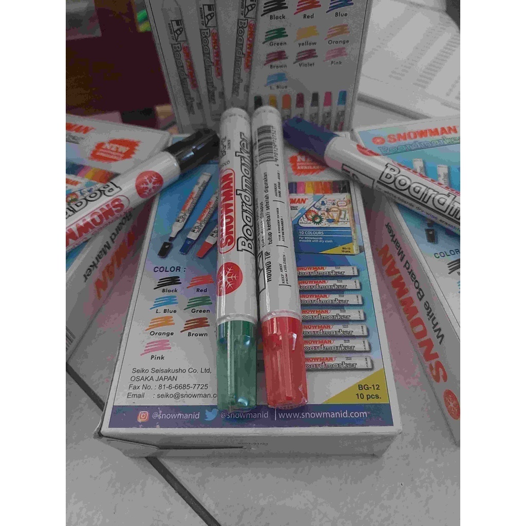 

SPIDOL SNOWMAN BOARD MARKER WARNA HITAM, MERAH, HIJAU, DAN BIRU.