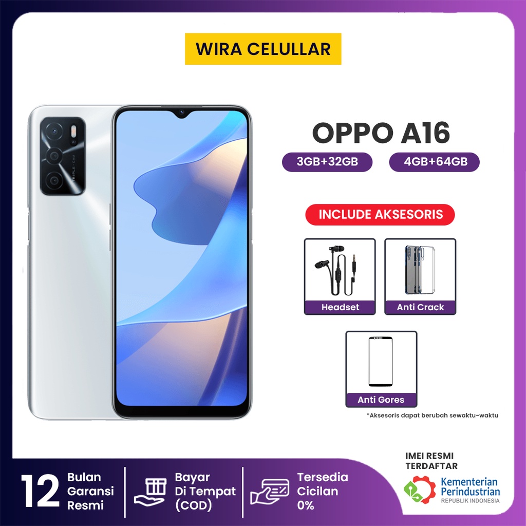 Oppo A16 3GB/32GB Smartphone Garansi Resmi Include Aksesoris HP-1
