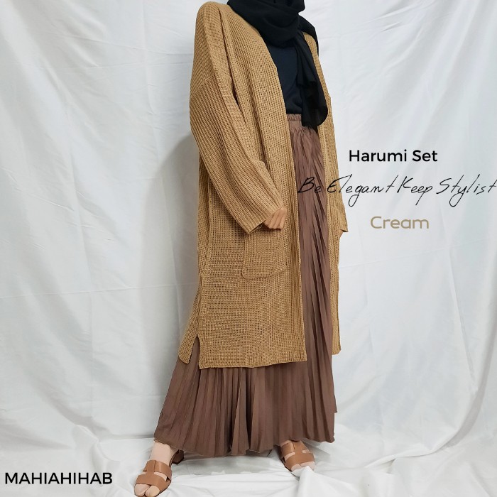 Harumi one set Long Cardi Rajut + Rok Plisket KOREAN STYLE paket hemat OOTD HIJAB, SETELAN LENGKAP