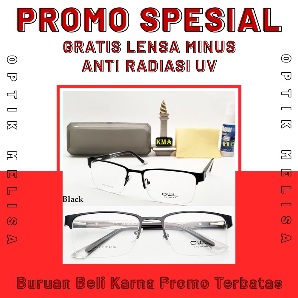 Free Lensa Anti Radiasi Frame Kacamata Minus Korea OWL Half Frame Kotak Classic UNisex KA1511