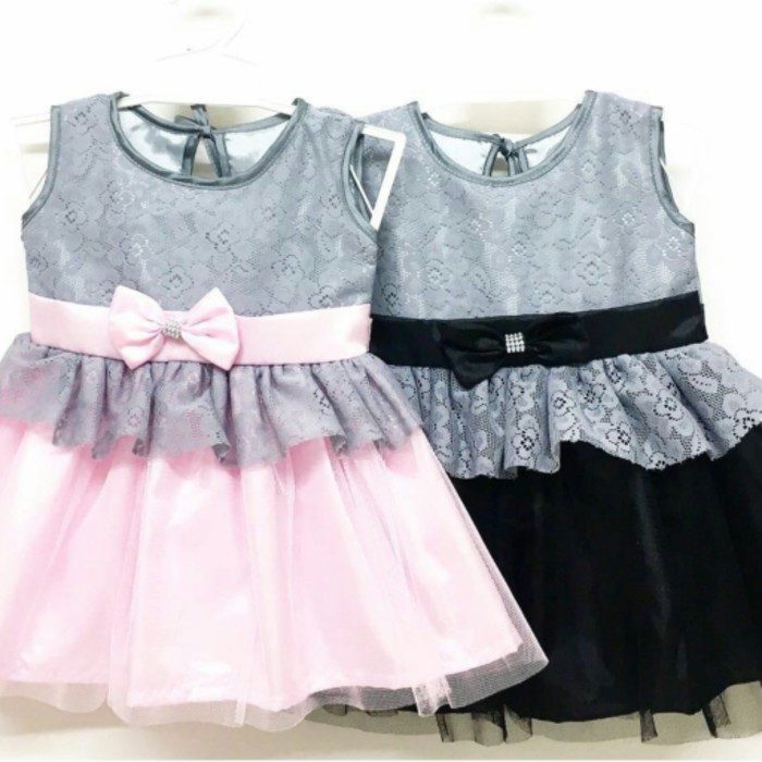 Dress Pesta Anak Bayi Perempuan Brokat Tile Pink Hitam Kombinasi Abu