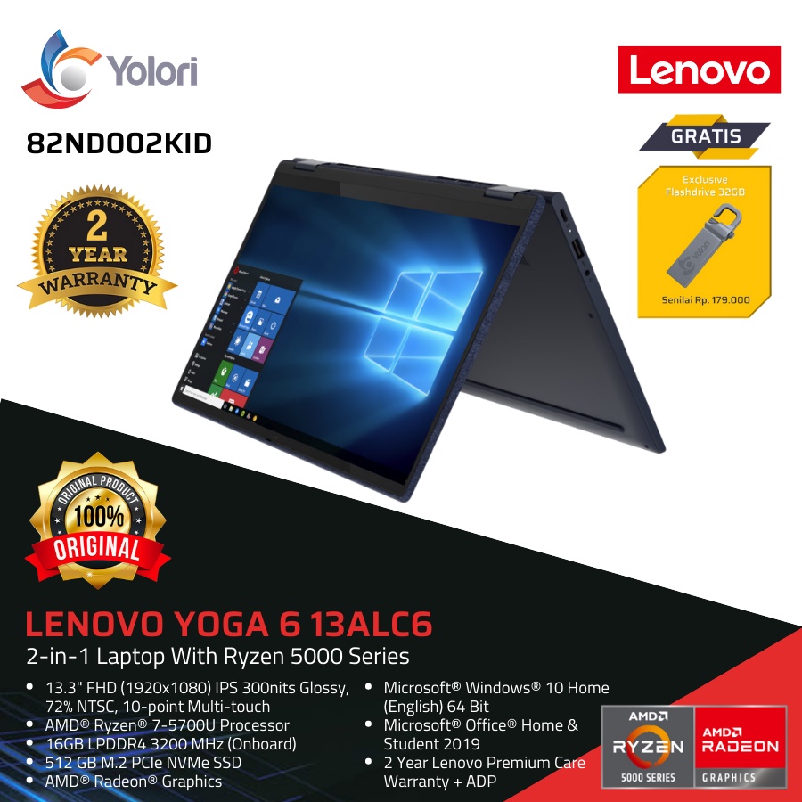 Lenovo Yoga 6 13ALC6 R7-5700U 16GB 512 SSD AMD Radeon Windows 10 + OHS 2019 Touchscreen (82ND002KID)