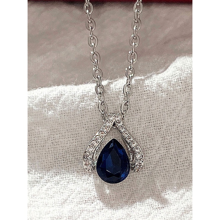 Kalung Leher Lapis Silver Hias Cubic Zirconia Biru Gaya Modern Untuk Wanita