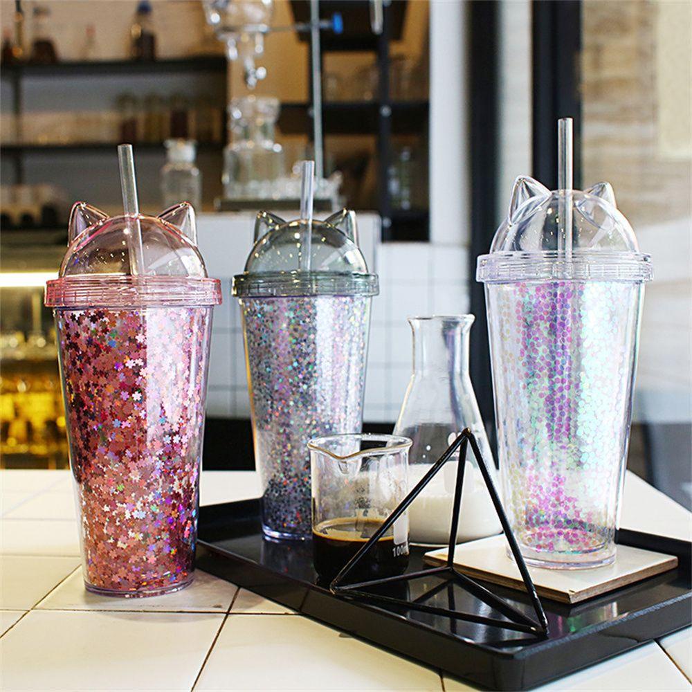 R-FLOWER 420ml Botol Air Double Wall Portable Glittery Dengan Sedotan Smoothie Cup