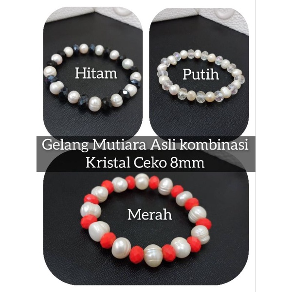 Gelang Batu Mutiara Asli Kombinasi Kristal Ceko 8mm Tali Karet elastis