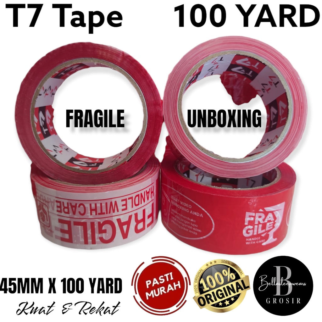 45 MM X 100 YARD - MURAH - LAKBAN T7 TAPE MERAH FRAGILE / UNBOXING ISOLASI / PLAKBAN / SELOTIP PEREKAT ROLL