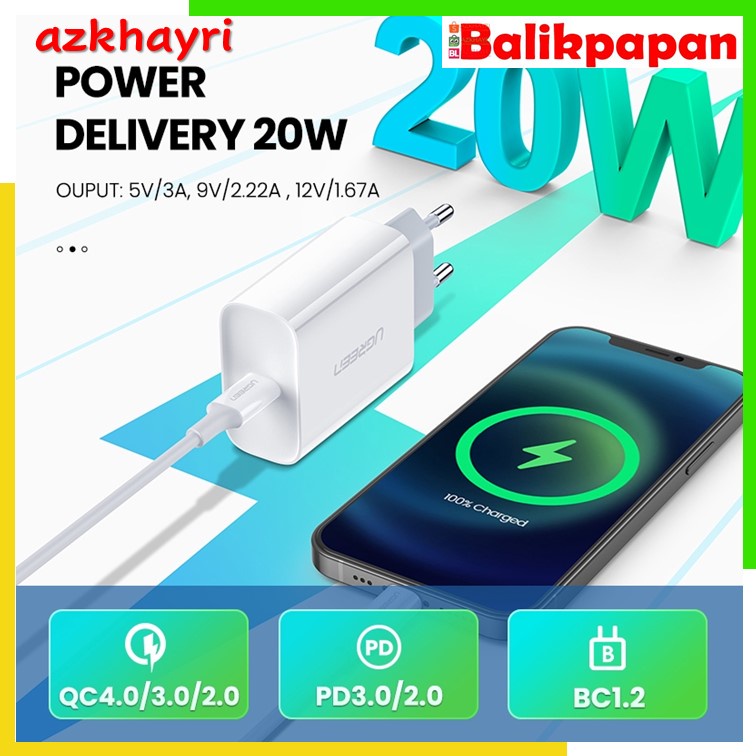 Ugreen PD 20W Quick Charge Adaptor QC 4.0 3.0 USB Tipe C Untuk iPhone Android + Kabel MFI