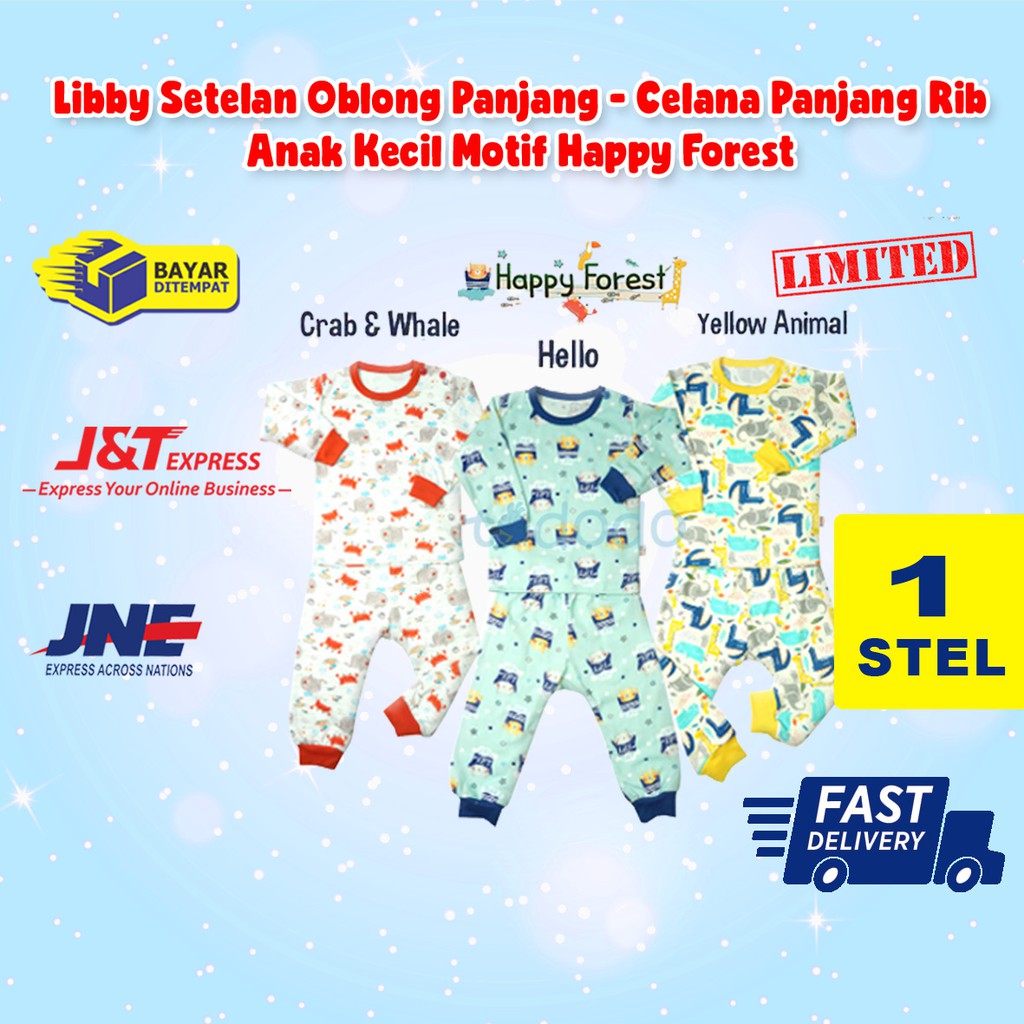 Baju Bayi Anak Setelan Piyama Oblong Celana Panjang Rib Anak Kecil Libby Happy Forest (1 stel)