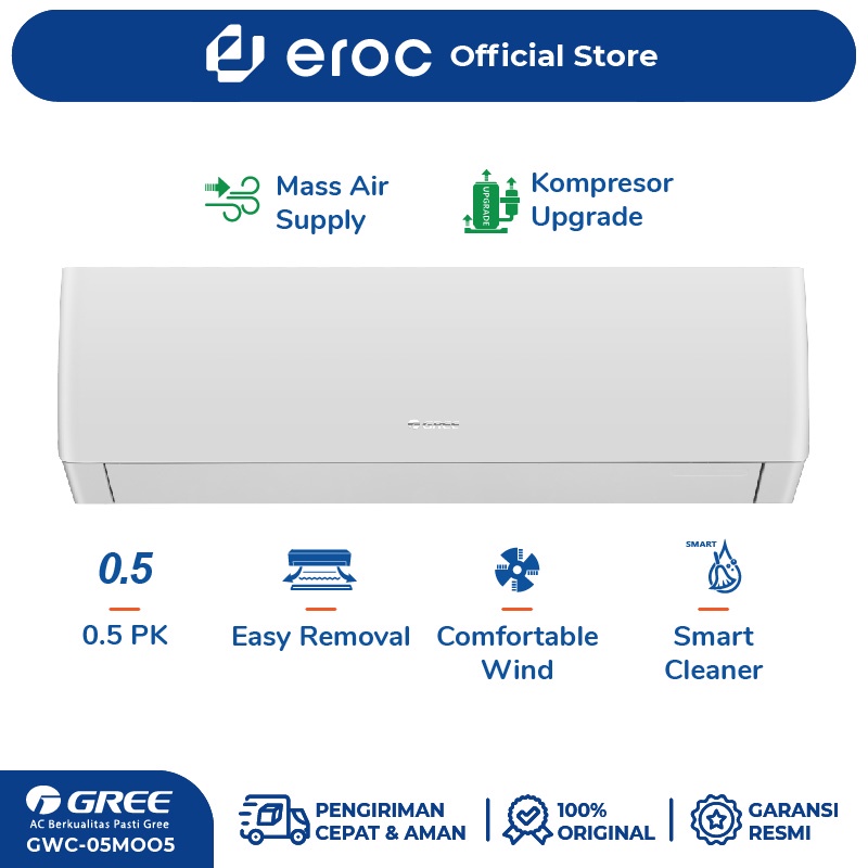 AC GREE 1/2PK Standard - AC 1/2 PK Standard MOO5S Series - with Fitur smart cleaner GWC-05MOO5S Warna Putih (Unit Indoor &amp; Outdoor)