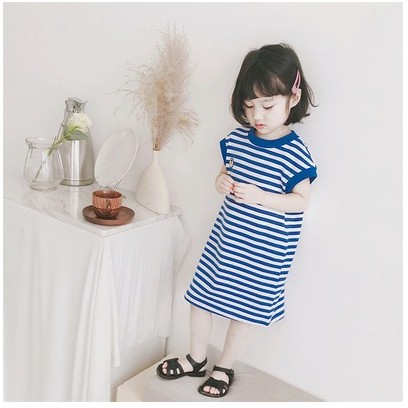 Dress T-shirt Anak Perempuan Tanpa Lengan Motif Strip Biru Import