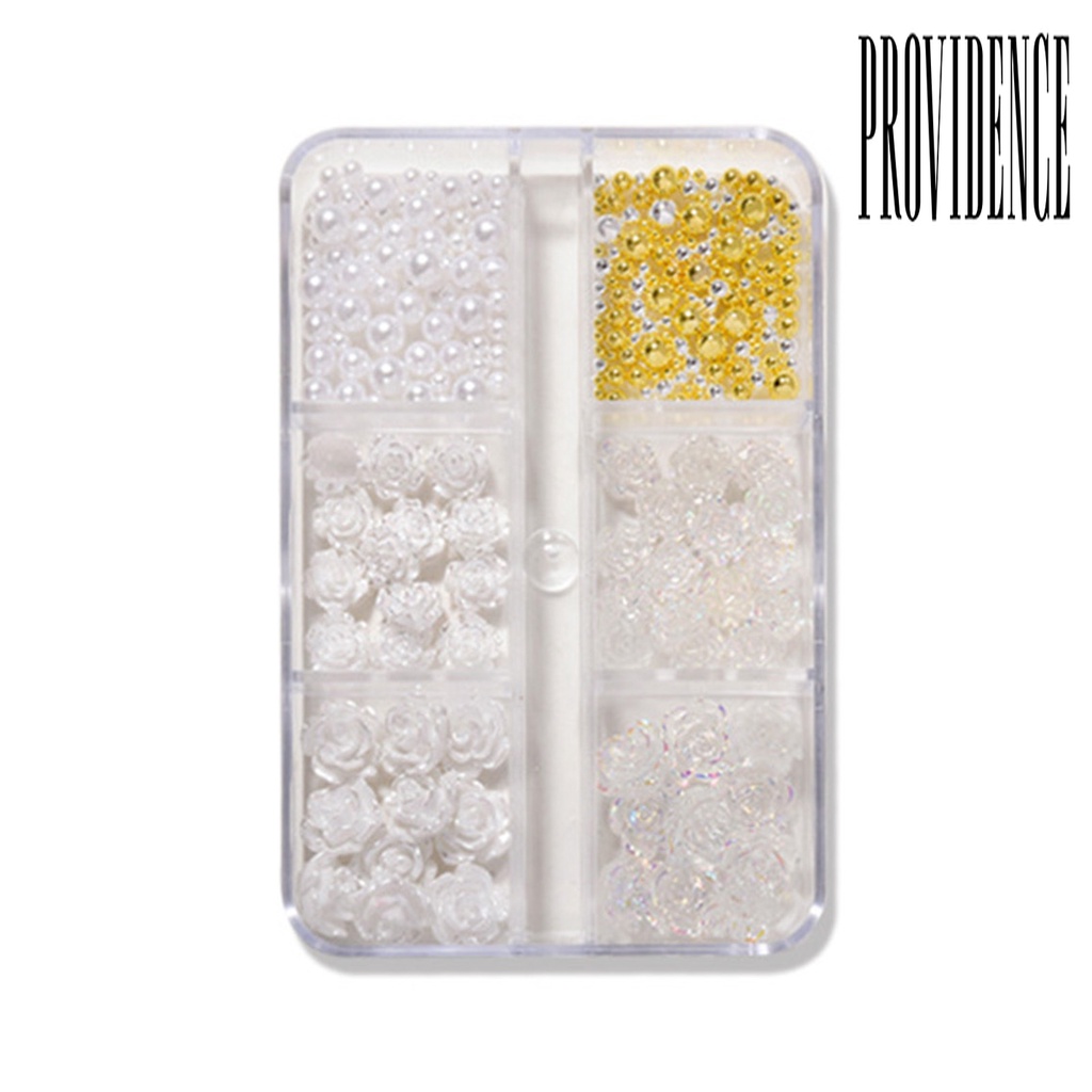 Providence 6 Sekat / Kotak Hiasan Kuku Bentuk Bunga Kamelia / Aurora / Mutiara Putih Untuk Nail Art Wanita