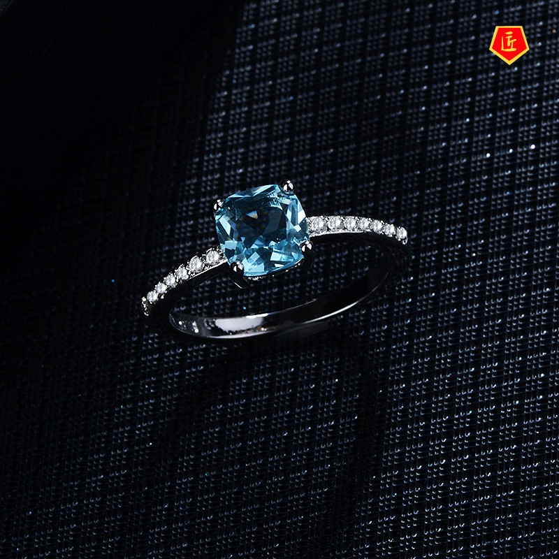 [Ready Stock]Inlaid Blue Topaz Square Diamond Ring Luxurious and Simple